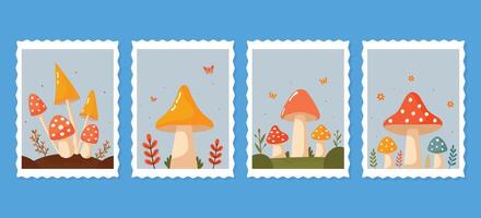 set of postal stamps with different mushrooms flat illustration. vector