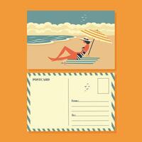 summer postcard design with girl relaxing on the beach flat illustration. vector