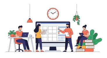 People working on a computer with a clock on it vector