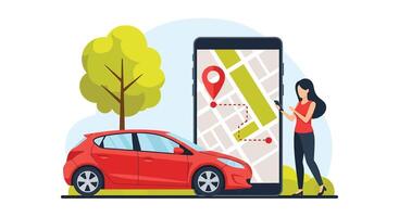 A woman is using a smartphone to find her car vector