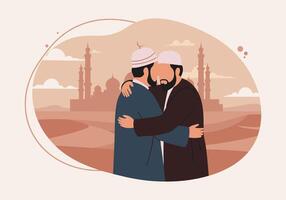 Two muslim men hugging in front of a mosque vector