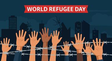 World refugee day concept with hands and barbed wire vector