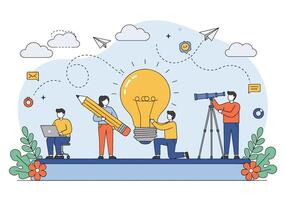 People are working on an idea with a light bulb vector