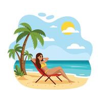 Woman relaxing on beach chair with palm trees illustration vector