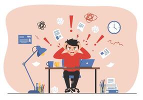 A man is sitting at his desk with a laptop and a lot of papers around him vector
