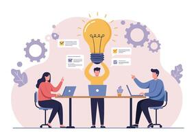 People working at a table with a light bulb above them vector