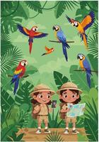 Two children in safari outfits with parrots and other birds vector