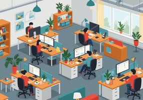 Isometric office interior with people working on computers vector