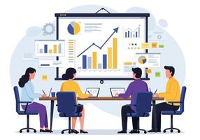 People sitting at a table with a presentation on the screen vector