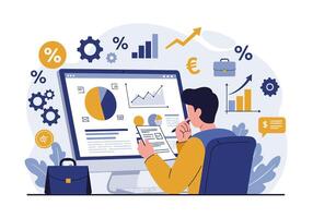 Man working on computer with graphs and icons vector