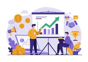 Business people are standing around a presentation screen with a chart on it vector
