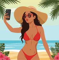 A woman in a bikini and hat taking a selfie on the beach vector