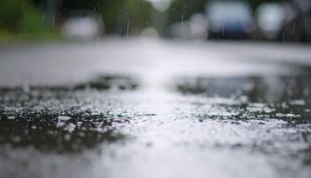 Rain Falling on a Wet Street With Reflections in the Water During a Cloudy Day photo