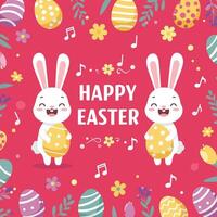 Happy easter background with cute rabbits and music notes vector