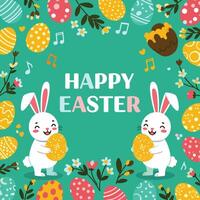Happy easter background with cute bunnies and eggs illustration vector