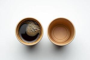 Coffee Background Full and Empty Disposable Paper Coffee Cups on White Background Top View photo
