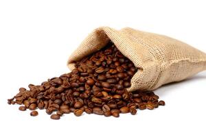 Coffee Background Aromatic Roasted Coffee Beans Spilling from Burlap Sack Close Up Studio Shot photo