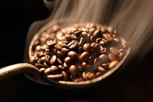 Coffee Background Aromatic Steaming Freshly Roasted Coffee Beans in Vintage Scoop photo