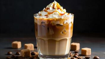 Coffee Background Iced Caramel Latte Coffee Drink with Whipped Cream and Brown Sugar Cubes photo