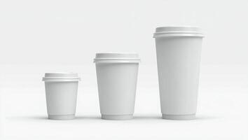 Coffee Background Three Blank White Disposable Coffee Cups Mockup Small Medium Large Sizes photo