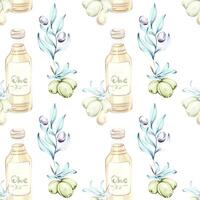 This seamless pattern showcases style and elegance with intricately painted olives and bottles of olive oil. vector