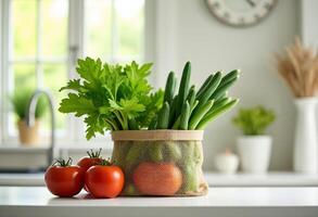 Clean Kitchen Surface with Greens in Mesh Bag photo