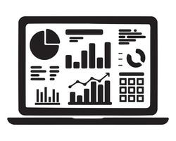Laptop screen with charts and graphs silhouette vector
