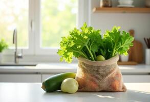Eco-Friendly Food Display with Wooden Background photo
