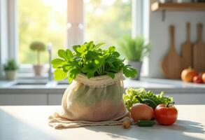 Strawberries and Lettuce in Rustic Kitchen Mood photo