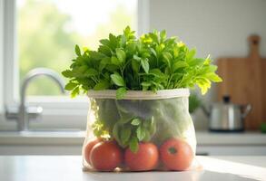 Vegetables in Cloth Bag with Soft Sunlight photo
