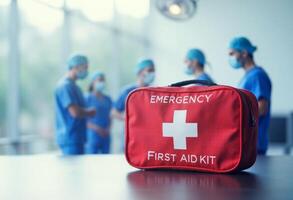 A first aid kit sitting on a table with people in the background photo