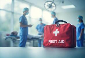 A first aid bag sitting on a table in front of a hospital photo
