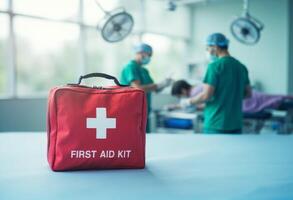 First aid kit on a table in an operating room photo