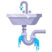 Water leak from broken sink pipe in bathroom in flat design. vector