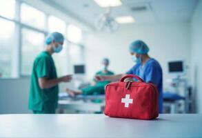A first aid kit is sitting on a table in an operating room photo