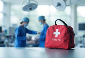First aid bag on a table in front of a hospital photo