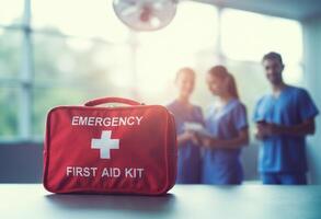 A first aid kit sitting on a table in front of a group of doctors photo