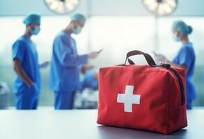 A first aid bag is sitting on a table in front of a group of doctors photo