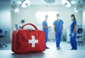 A first aid kit is sitting on a table in front of a hospital photo
