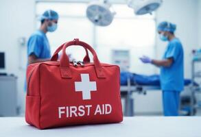 A first aid bag sitting on a table in front of two doctors photo