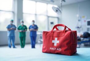 A first aid bag sitting on a table in an operating room photo