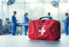 A first aid bag on a table in front of a group of doctors photo
