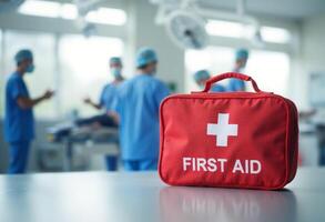 A first aid bag sitting on a table in front of a group of doctors photo