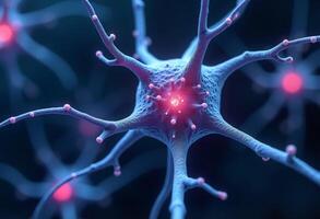 Red Glowing Synapse Among Blue Neural Threads photo