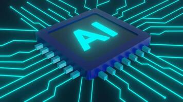3D Render AI Semiconductor Chip with Glowing Circuit Lines Animation video