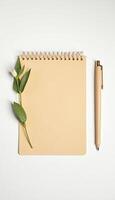 Minimal workspace scene with notepad, pencil, and green leaf accent. photo