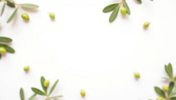 Olive branch frame with green leaves on white background photo