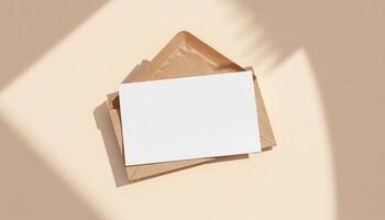 Blank white envelope with white paper on a beige background photo