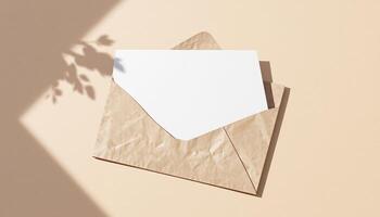 An envelope with a blank sheet of paper on a beige background photo