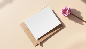 Blank white card with pink flower on beige background photo